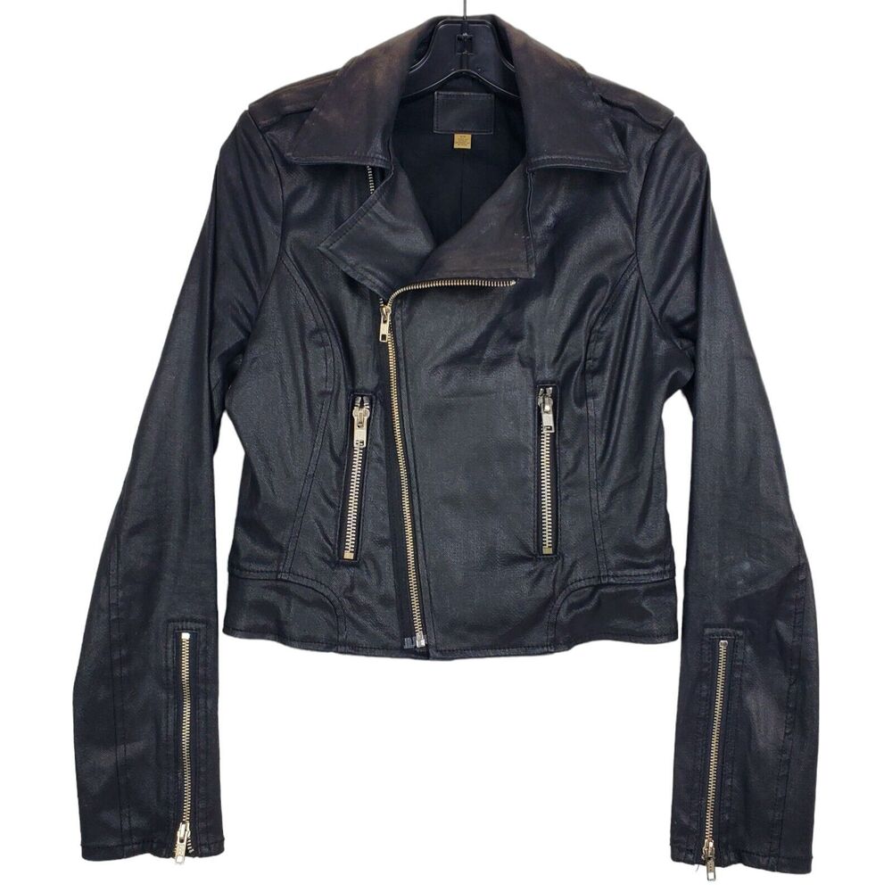 TRUE RELIGION Jacket Womens Small Black Coated Motorcycle Biker Cropped Zipper